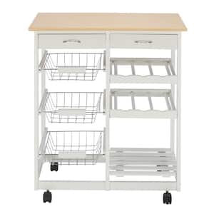 White Moveable Kitchen Cart with 2 Drawers and 2 Wine Racks and 3 Baskets