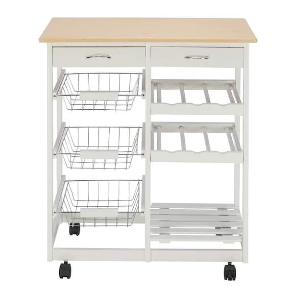 Movisa White Moveable Kitchen Cart with 2 Drawers and 2 Wine Racks and 3 Baskets