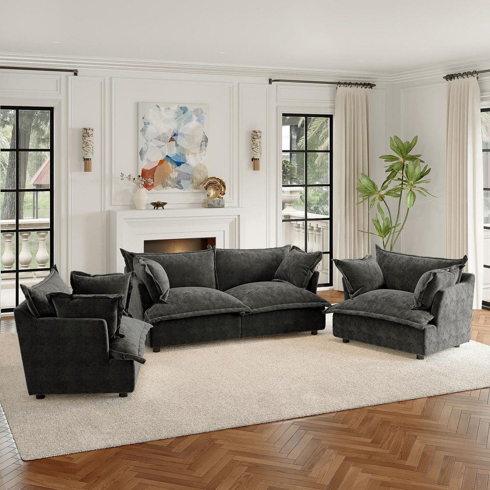 81.1 in. Flared Arm 4-Piece Chenille Upholstered Modular Sectional Sofa in Dark Gray