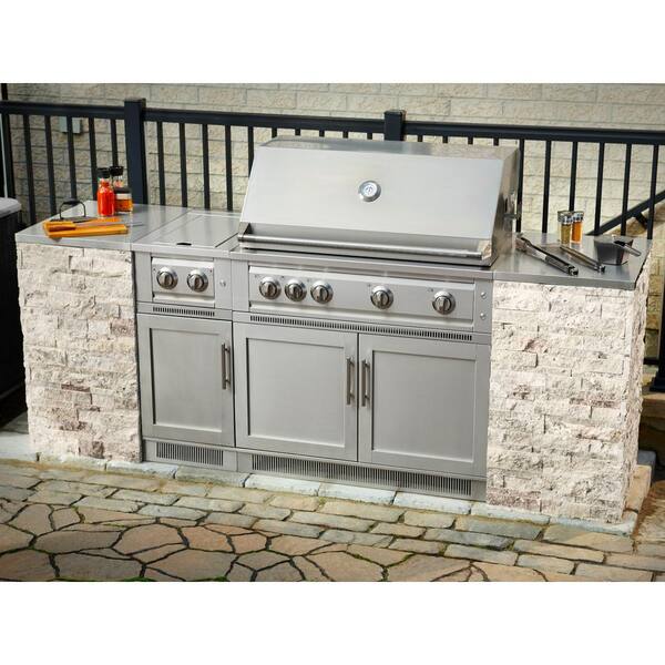 NewAge Products Signature Series 149.16 in. x 25.5 in. x 38.44 in. LP Outdoor Kitchen Stainless Steel 11-Piece Cabinet Set with Grill