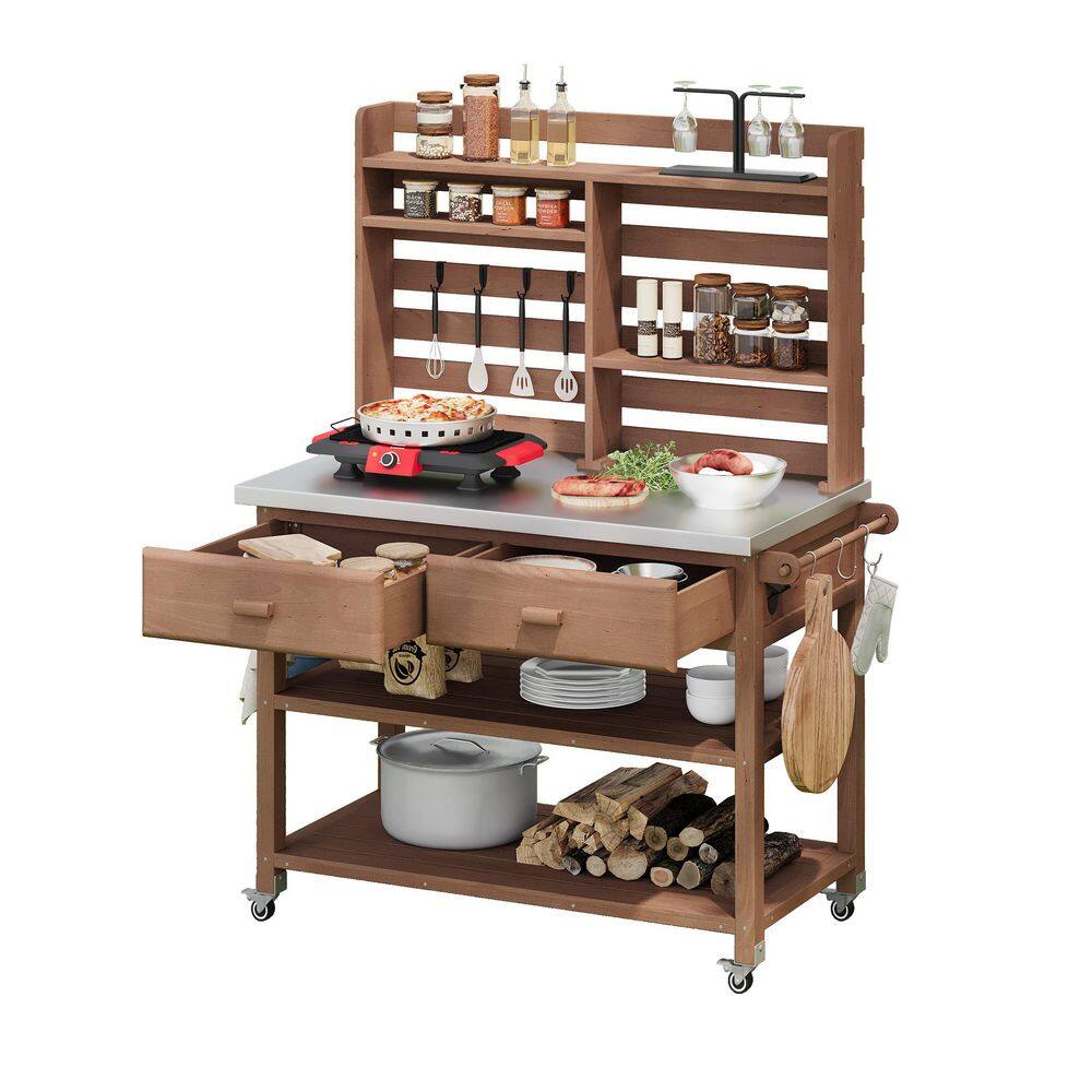 H2O 65 in. H Brown Outdoor Kitchen Cart with Lockable Wheels, Stainless Steel Top, Towel Rack, and Upper Hutch price history on PriceWatchPro