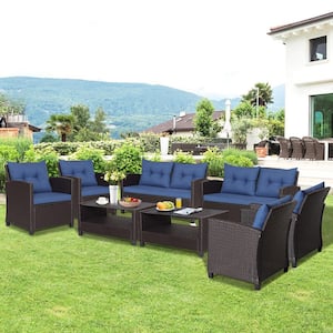 8-Piece Outdoor Conversation Set Patio PE Rattan Set with Glass Table and Sofa Cushions Navy