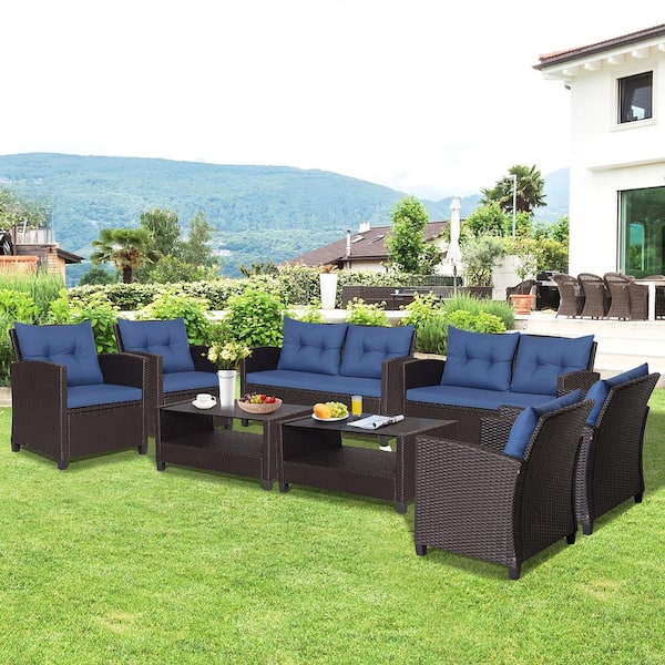 8-Piece Outdoor Conversation Set Patio PE Rattan Set with Glass Table and Sofa Cushions Navy