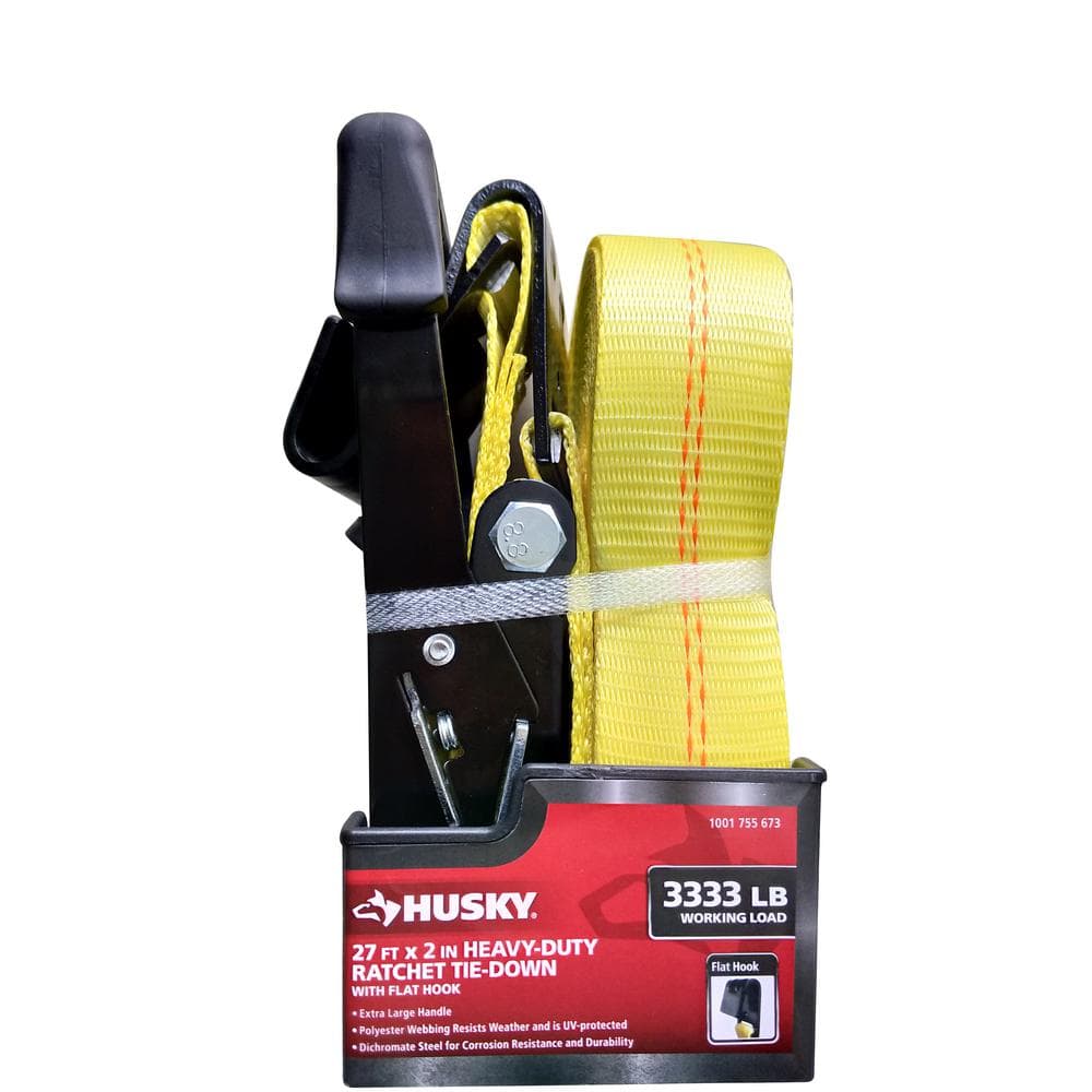 Husky 2 in. x 27 ft. Heavy-Duty Ratchet Tie-Down Strap with Flat Hooks  FH0850 - The Home Depot