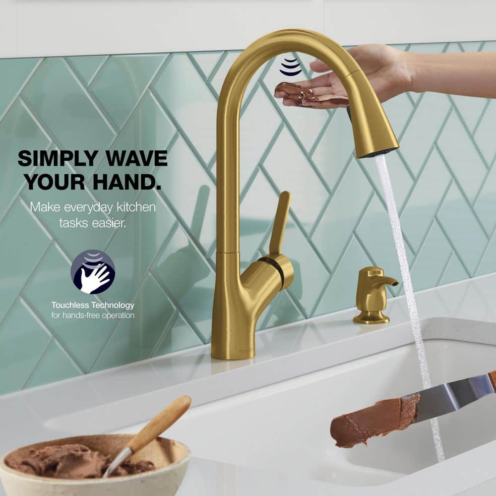 Vibrant Brushed Moderne Brass Pull-Down Kitchen Faucet with Soap Dispenser