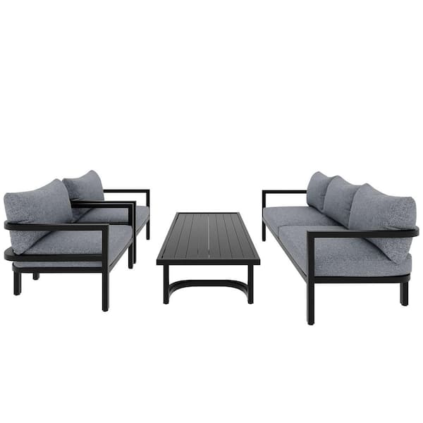 Sudzendf Black 4-Piece Metal Outdoor Patio Conversation Set with Gray Cushions and Coffee Table