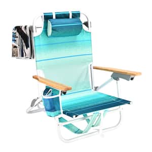 Green Multi Metal Foldable Adjustable Height Beach Chair with Pillow, Towel and Storage Pockets, Backpack Beach Chairs