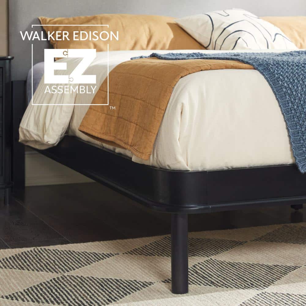Contemporary Black Pine Wood King Bed with Gray Upholstered Headboard