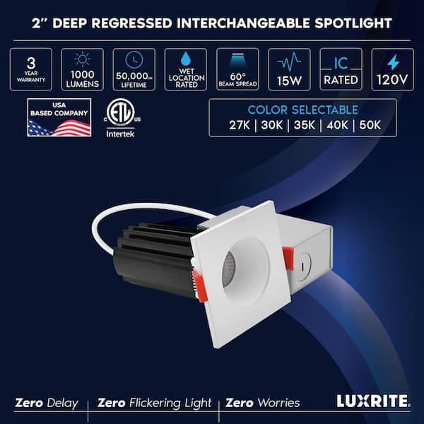 2 in. Integrated LED Recessed Canless Light with Square White Interchangeable Trim, 5CCT, 1000LM, 15W, CRI80, Dimmable