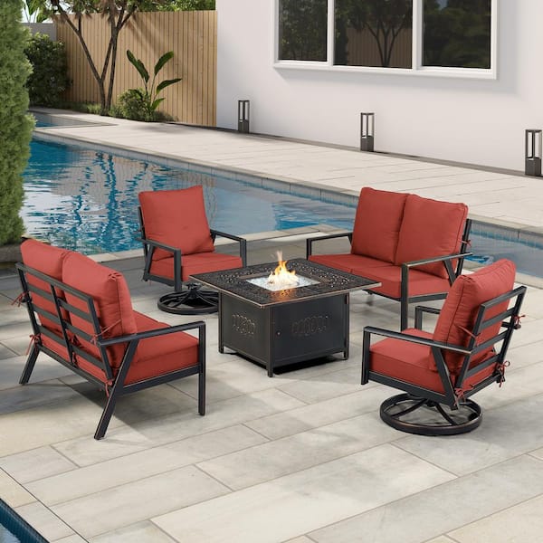 Oakland Living Black 6-Piece Aluminum Patio Fire Pit with 2-Deep Seating Loveseat and 2-Club Chairs Red Cushions