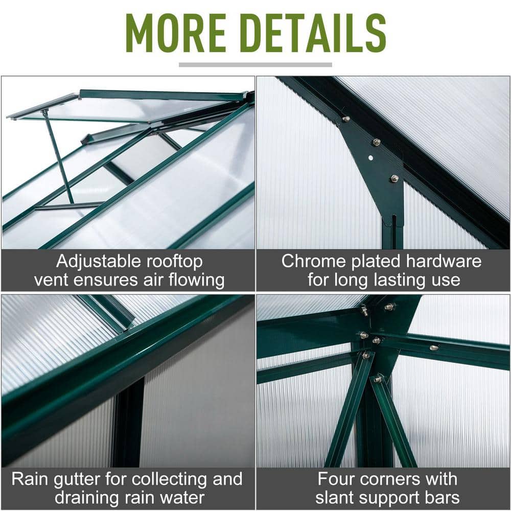 Dark Green Aluminum Polycarbonate Walk-In Greenhouse with Vent