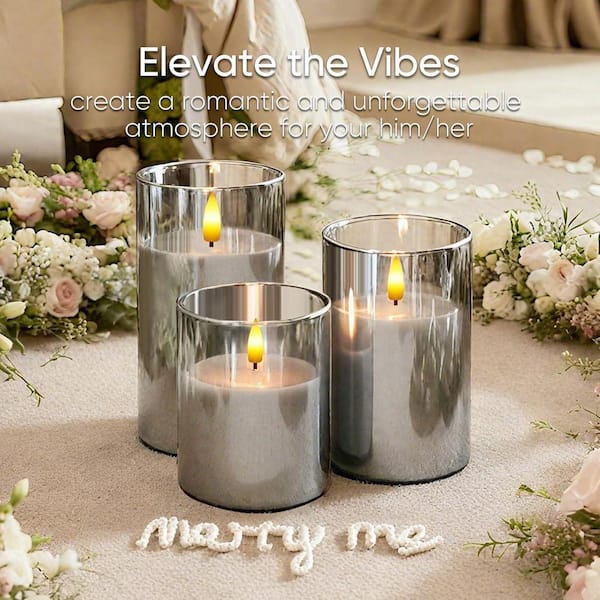 Gray Flameless Battery Operated Candles Set of 3, LED Candles with