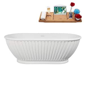 67 in. x 32 in. Acrylic Freestanding Soaking Bathtub in Matte White with Glossy White Drain, Bamboo Tray