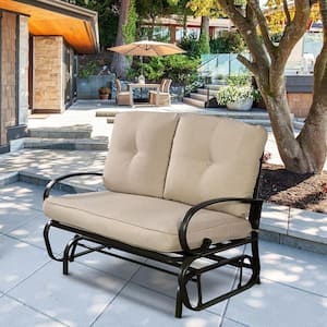 2-Person Metal Outdoor Bench Patio Loveseat Steel Frame Furniture Rocking Bench with Beige Cushions