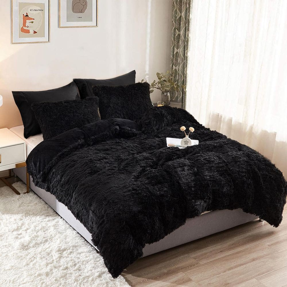 Luxurious Black Microfiber King Size 5-Piece Fluffy Duvet Cover Set