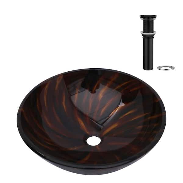 16-1/2 in. Flame Red Glass Round Vessel Bathroom Sink with Black Pop-up Drain
