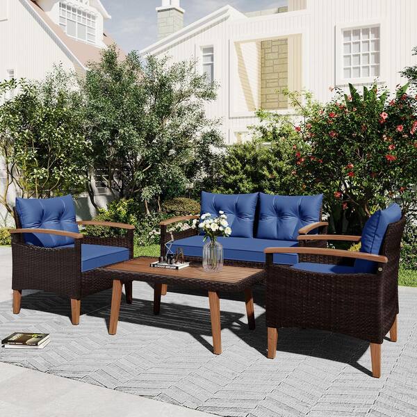 4-Piece Brown Wood Outdoor Sectional Set, Patio PE Rattan Outdoor