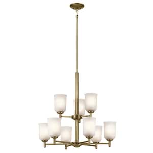 Shailene 26.5 in. 9-Light Natural Brass 2-Tier Transitional Shaded Cylinder Chandelier for Dining Room