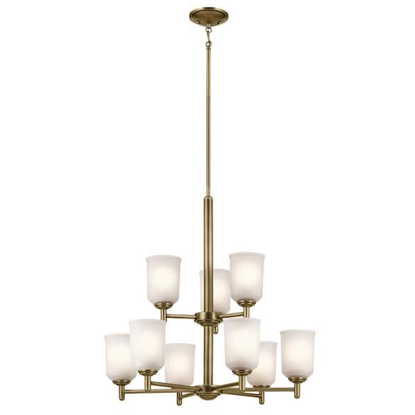 Shailene 26.5 in. 9-Light Natural Brass 2-Tier Transitional Shaded Cylinder Chandelier for Dining Room