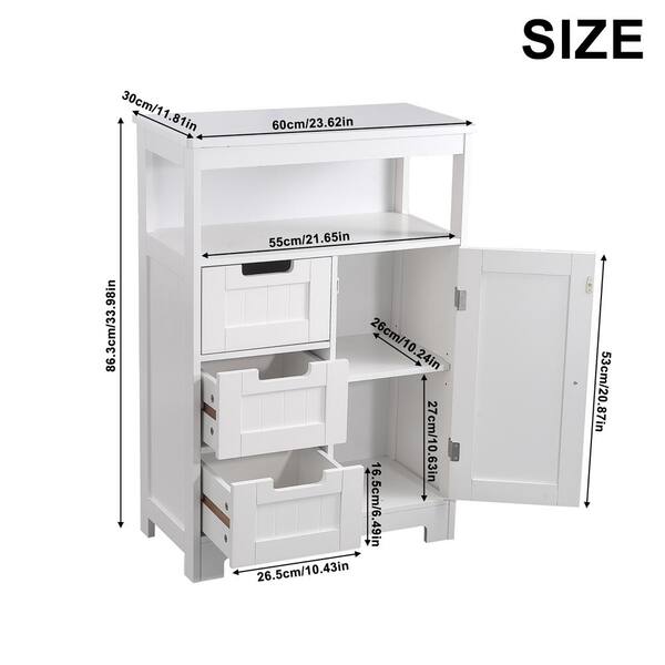 23.62 in. W x 11.8 in. D x 39.57 in. H White Bathroom Standing Storage  Linen Cabinet with 3-Drawers and 1-Door