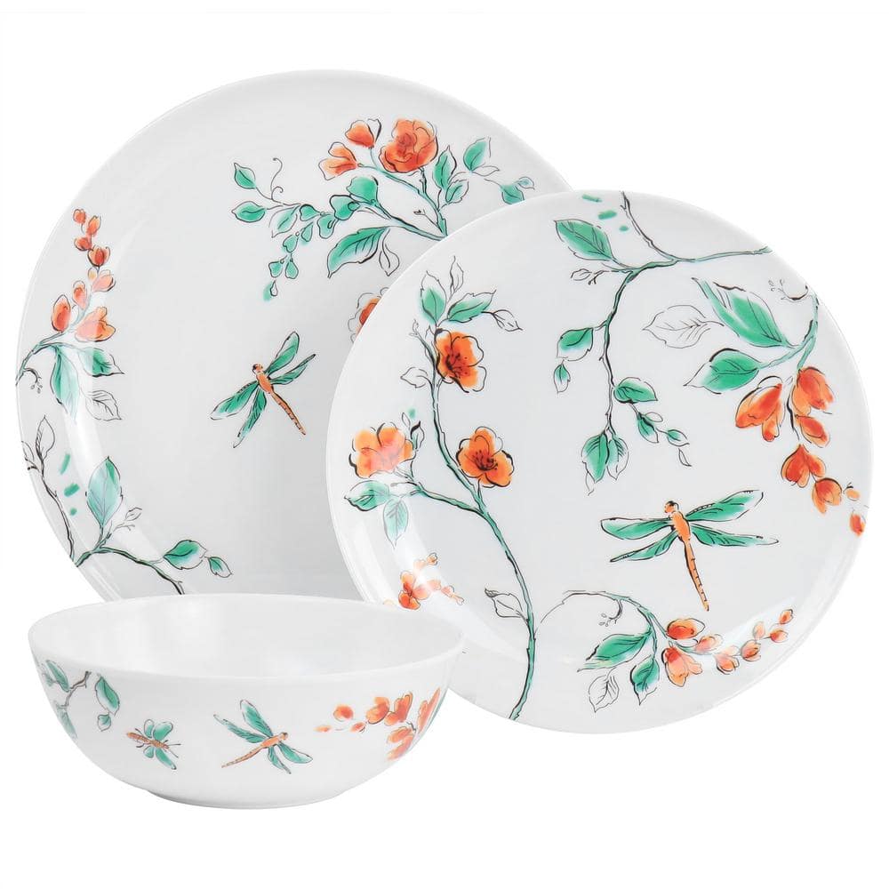 White Floral Dragonfly Melamine Dinnerware Set, Service for 4