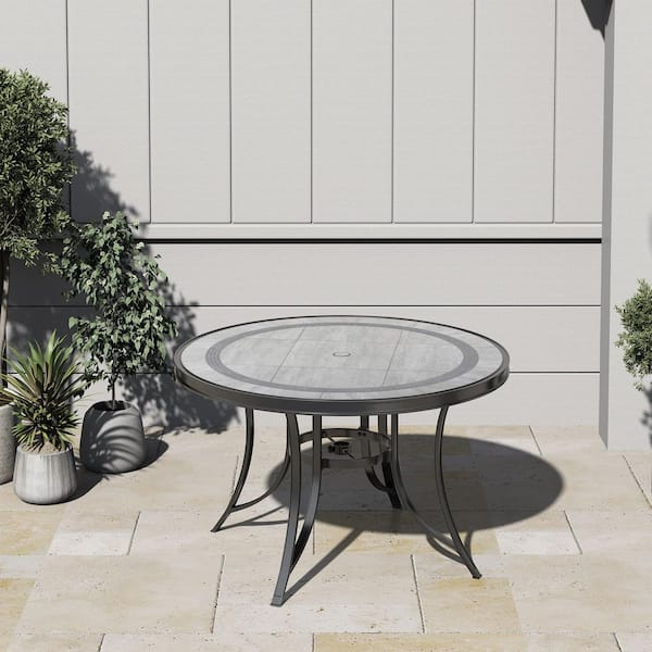 ceramic patio table with umbrella hole Clihome 48 in. Bronze Aluminum Outdoor Dining Table with Round Ceramic Tile  Top, Weather-Resistant, Umbrella Hole IVY14204-CL