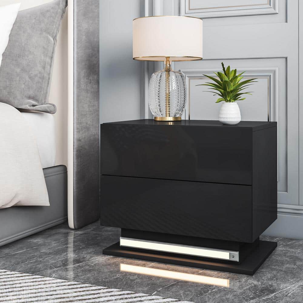 Hommpa Modern LED 2-Drawer Black Nightstand 20.5 in. H x 13.8 in