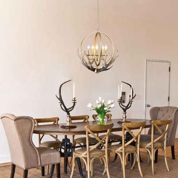 5-Light Gold Rustic Candlestick Hanging Linear Chandelier Lighting Globe Fixture for Kitchen Island