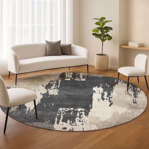 Chantille Machine Washable Indoor/Outdoor Abstract ACN2347 Charcoal 8 ft. x 8 ft. Round Rug