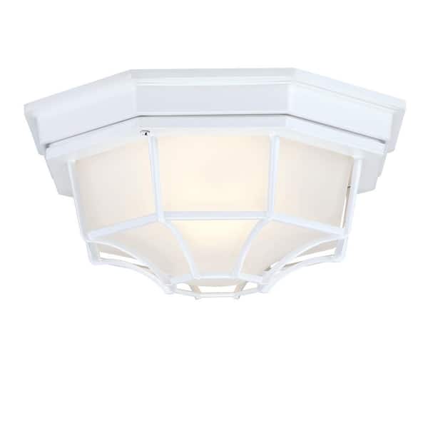 11.42 in 1-Light Retro Textured White Outdoor Flush Mount Light Fixture with Frosted Glass