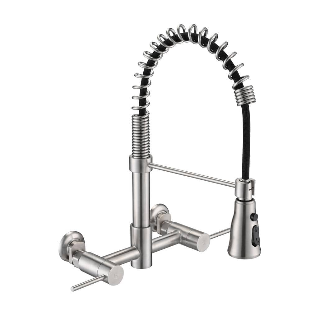 Double Handle Wall Mounted Bridge Kitchen Faucet with Pull-Down Sprayer Kitchen Faucet in Brushed Nickel price history on PriceWatchPro