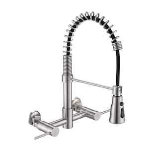 Double Handle Wall Mounted Bridge Kitchen Faucet with Pull-Down Sprayer Kitchen Faucet in Brushed Nickel
