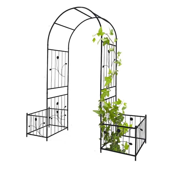 Unbranded Metal Garden Arch with Gate 98.4 in. x 59 in. Arbor Climbing Plants Support Rose Arch Outdoor Black