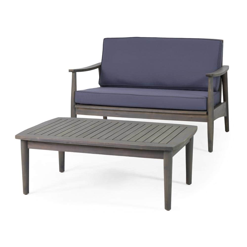 Grey Acacia Wood Outdoor Loveseat with Dark Grey Cushions and Coffee Table