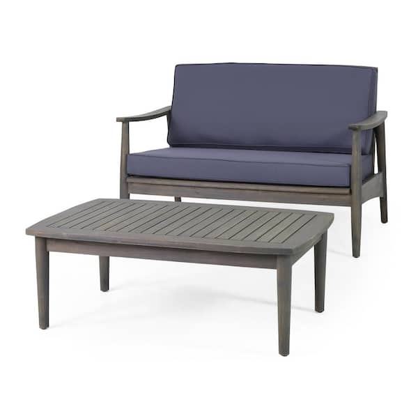 Unbranded Grey Acacia Wood Outdoor Loveseat with Dark Grey Cushions and Coffee Table
