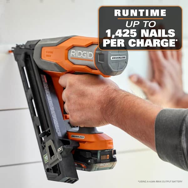 Reviews for RIDGID 18V Brushless Cordless 15 Gauge Angled Finish Nailer Kit with 2.0Ah MAX Output Battery and Charger Pg 1 The Home Depot