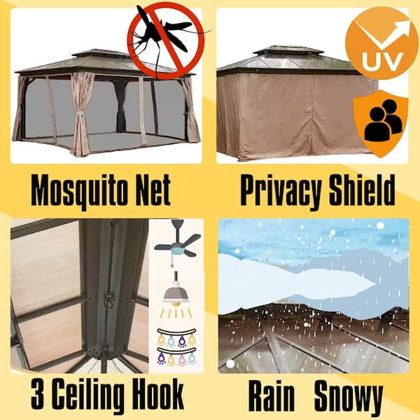 12 ft. x 16 ft. Wood Grain Aluminum Double Galvanized Steel Roof Gazebo with Ceiling Hook, Mosquito Netting and Curtains