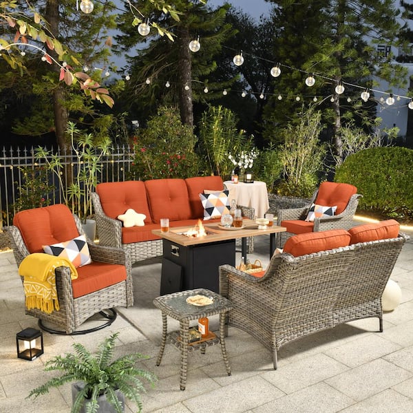 Toject Eureka Grey 6-Piece Wicker Outdoor Patio Conversation Sofa Loveseat Set with a Storage Fire Pit and Orange Red Cushions