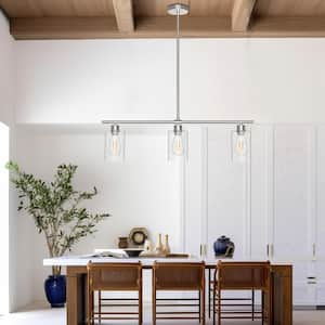 3-Light Chrome Industrial Modern Linear Kitchen Island Pendant with Clear Glass Shades for Dining Table