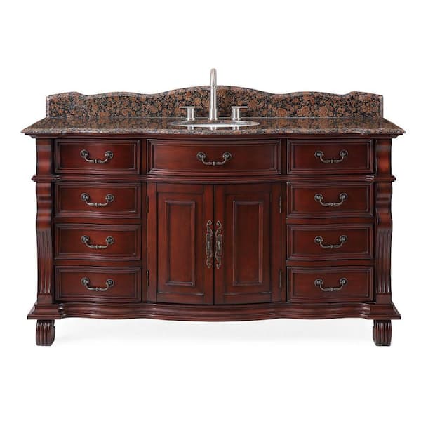Hopkinton 60 in. W x 22 in D. x 36 in. H Bath Vanity in Cherry With White Porcelain Sink and Baltic Brown Granite Top