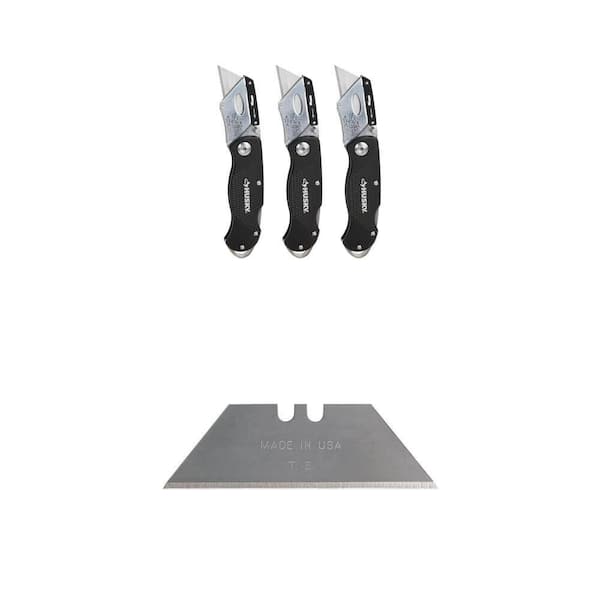 Folding Lock-Back Utility Knife (3-Pack) and Heavy-Duty Utility Blades Dispenser (100-Pack) Combo Husky