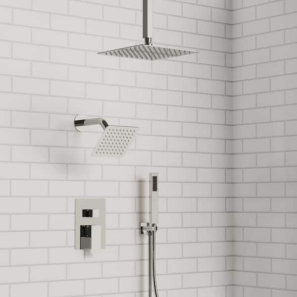 GRANDJOY 10&6 in. Dual Square Shower Heads Double Handle 3-Spray Tub and Shower Faucet 2.5 GPM in Polished Chrome Valve Included