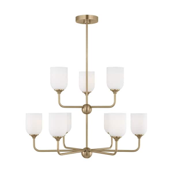 Generation Lighting Emile Extra Large 9-Light Satin Bronze Chandelier with Etched White Glass Shades