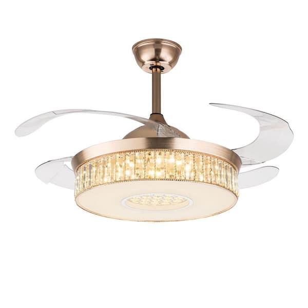 42 in. Indoor Gold Modern Reversible & Retractable 6-Speed Crystal Ceiling Fan with 3-Color Integrated LED and Remote