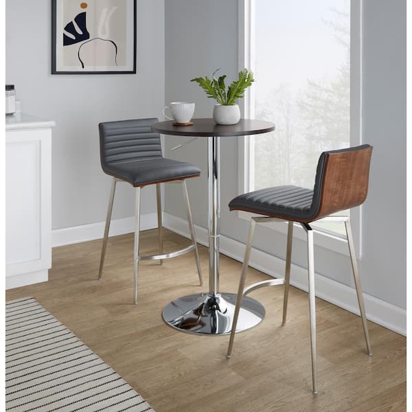 Lumisource Mason Swivel Adjustable 3-Piece Grey Faux Leather Stainless Steel Chrome Metal Brown Wood Top Counter Height Dining Set