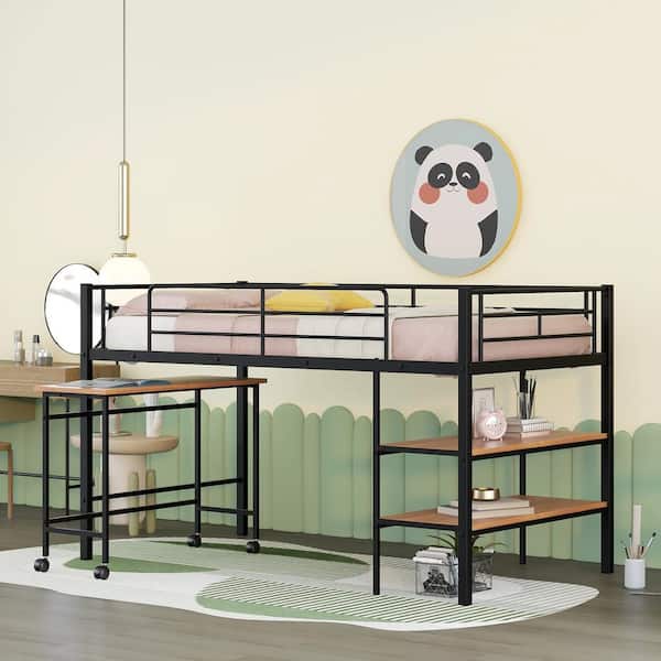 Qualler Black Twin Size Metal Loft Bed with Desk and Shelves
