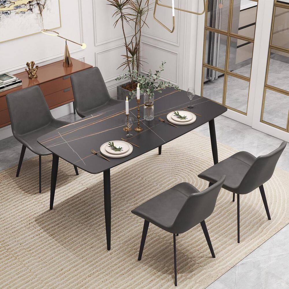 63 in. Black Round Edge Sintered Stone with Black Metal 4 Legs Dining Table (Seats 6)