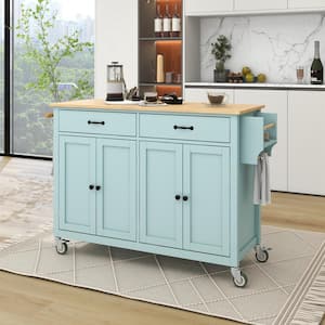 Mint Green Kitchen Cart with Solid Rubber Wood Top, 4-Door Cabinets, 2-Drawers, Spice Rack and Towel Holder
