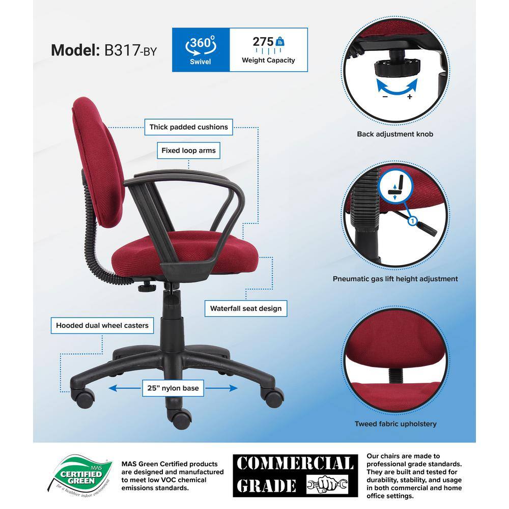 Ergonomic Swivel Task Chair with Fixed Arms in Burgundy Leather
