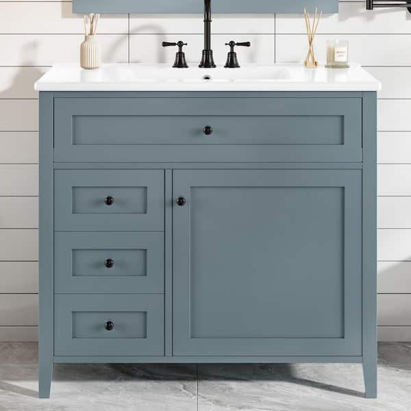 36 in. Single Sink Freestanding Blue Bath Vanity with White Ceramic Top, 4-Drawers, Door Racks, Adjustable Shelf